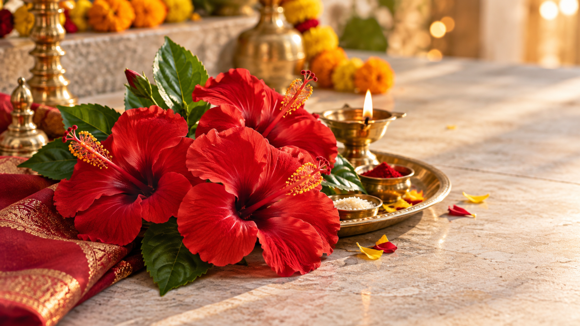 Red hibiscus flower placed on a puja thali for Navratri worship